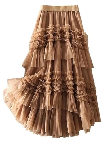 Women Solid Mesh Cake Skirt Elastic High Waist A-Line Petticoat Casual Tulle Pleated Skirts2