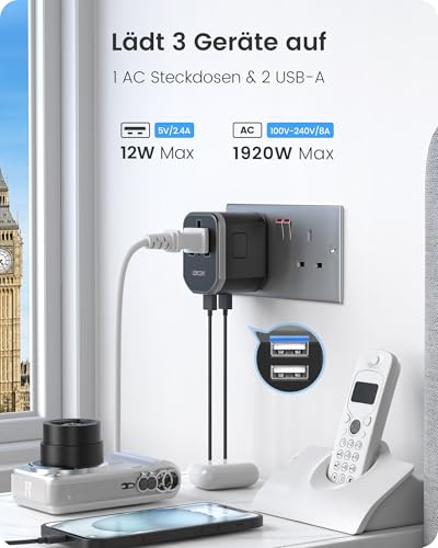 Foto von LENCENT Reiseadapter Weltweit, Universal Reisestecker mit 2 USB-A, Internationaler Steckdosenadapter, Travel Adapter über 150+ Länder für Australien USA UK Europa Japan Thailand Deutschland
