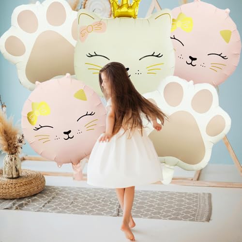 Image of 5Pcs Cat Head Foil Balloon | Cute Crown Kitten,Kitty Paw,Birthday Party Supplies(Cream White,Pink)