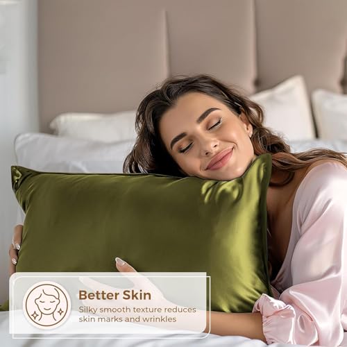 Image of Premium Satin Pillowcase Set of 2 with Eye Mask & 3 Scrunchies | Silky Soft, Anti-Frizz, Skin & Hair Care Sleep Set | Luxury Gift Combo for Women & Girls (Olive)