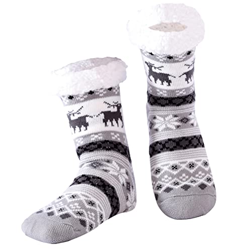 Hisonwel Hombre Navidad Calcetines Invierno Gruesos,Calentar Pantuflas de Estar,Por Casa Super Suaves Cómodos Calcetines Antideslizante(Snowflake Deer Light gray)