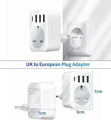 FSTravelP UK to European Plug Adapter, European Plug with USB Ports ( 3 USB & 1 USB C), Travel adapter UK to Europe Use in EU Germany Spain France Norway Morocco Italy Switzerland etc Type C Plug
