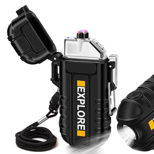 LcFun Waterproof Electric Dual Arc Lighter USB Type C Rechargeable Windproof Flameless Plasma Lighters with Flashlight for Camping, Hiking, Outdoor Survival, Tactical Gear Gifts for Men