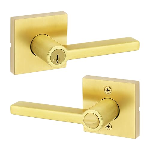 Image of Kwikset Halifax Entry Door Handle with Lock and Key, Secure Keyed Reversible Lever Exterior, for Front Entrance and Bedrooms, Satin Brass, Pick Resistant Smartkey Rekey Security
