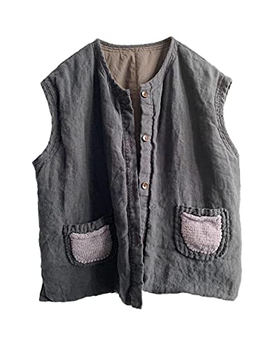 NFYM Women's Linen Vest Thin Quilted Mid Length Button Down Sleeveless Jacket with Hand Woven Pockets
