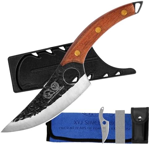 XYJ Stainless Steel Boning Knife with Plastic Blade Cover, Pakkawood Handle, Deboning Knives, Meat Slicing Cleaver Kitchen Knives, Mini Knife, Mini Sharpening Stone, Cleaning Cloth