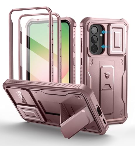 Dexnor pour Coque Samsung Galaxy A56【Double Cadre Avant et Support】 avec CaméRa Coulissante Intégrée & Protecteur d'écran, Coque de Protection Robuste Résistante Aux Chocs - Poudre Pivoine