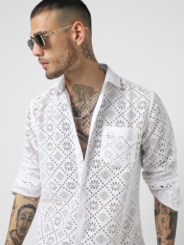 Image of VASTRADO Mens White Crochet Shirt | 100% Polyester, Lightweight & Breathable Fabric | Point Collar, Full Sleeves, Patch Pocket, Button Cuffs, Curved Hem | Casual & Versatile Style