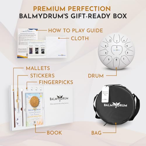 The Balmy Drum - 11 Note 10 Inch Steel Tongue Drum, Steel Drum Instrument, Drums For Children and Adults, Balmy Drum Set for Kids with Music Book, Handpan, Mallet and Carry Bag (White)