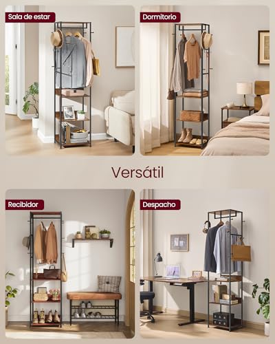 VASAGLE Perchero, Perchero con Barra para Colgar, Ganchos, Armario con Estantes, Marco de Acero, para Ropa, Bolsos, Sombreros, Negro Tinta y Marrón Vintage RCR061BD04 - imagen 6