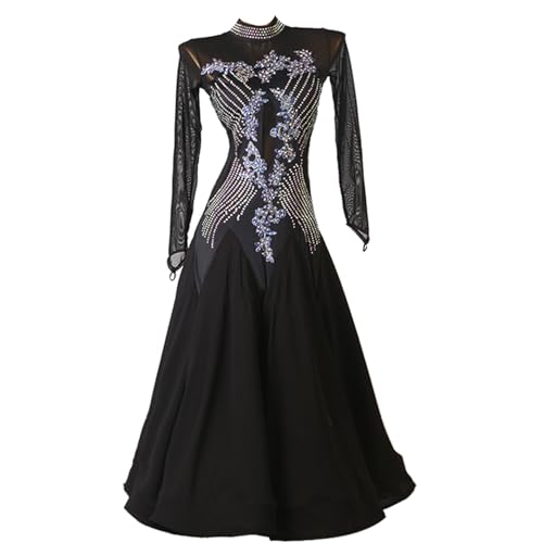 Hynyjxjy ,Negro,L, Vestidos De Baile De Salón De Manga Larga para Mujer Ropa De Baile De Moderno con Espalda Descubierta Indumentaria De Baile De Competición Conjunto De Baile De Vals con Pedrería