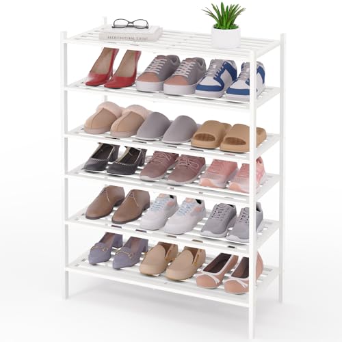 Image of Smiry Bamboo Shoe Rack, 5 Horizontal Slats, 6 Tier - 26.8 inch Wide, White