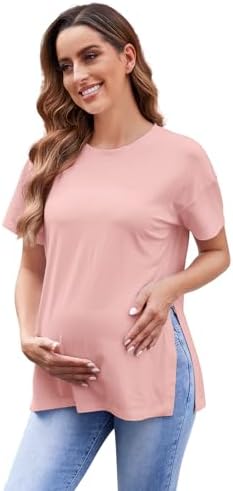 Oudrtent Women’s Maternity Shirts Casual Split Side Pregnancy Tops Loose Fit Blouses Short Sleeve Maternity Clothes