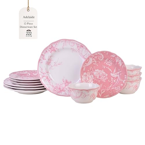 222 Fifth Adelaide Blush 12-Piece Pink Porcelain Dinnerware Set – Service for 4, Plate & Bowl Set, White with Pink Floral Pattern, for Daily Dining & Entertainment, Microwave & Dishwasher Safe