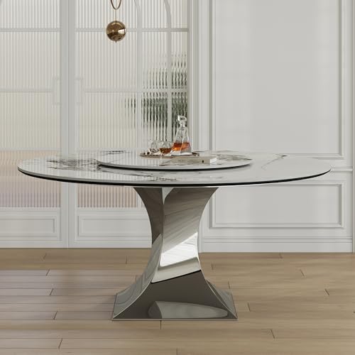 Montary 59” Modern Round Dining Table for 6-8, Artificial Marble Dining Room Table with Lazy Susan, Stainless Steel Black Titanium Hourglass Base, Sintered Stone Top Dining Table (Only Table)