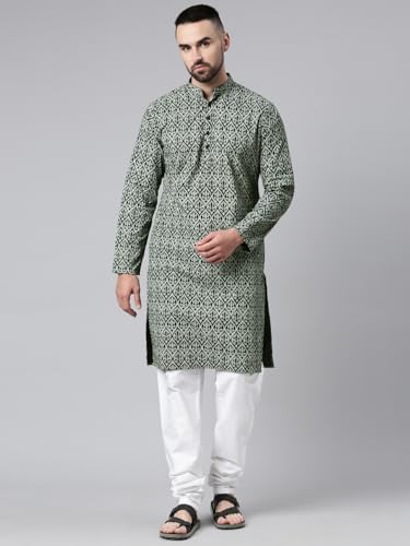 Image of Majestic Man Men's Cotton Regular Fit Casual Mandarin Collar Ethnic Motifs Printed Long Regular Kurta