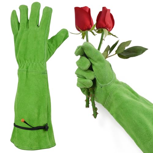 GLOSAV Gardening Gloves for Women, Garden Gloves for Thorn Proof, Professional Rose Pruning Gloves, Long Leather Garden Gloves (Medium, Forest Green)