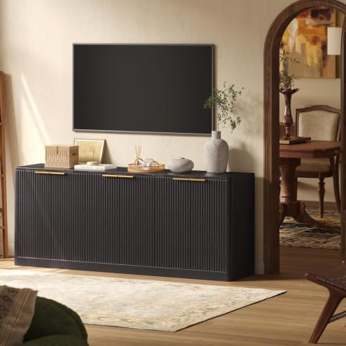 Image of Evermagin 67 inch Fluted Black Buffet Cabinet Sideboard with Storage, Large Credenza with 6 Doors, Wood Mid Century Modern Sideboard for Kitchen and Living Room (67 inch*31.5 inch*15.7 inch)