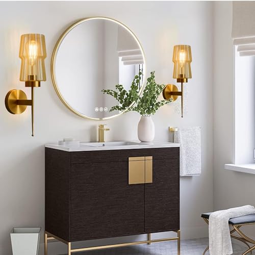 Image of SINOMAN Modern Golden Wall Lamp Amber Glass Shade Stylish Metal Body Decorative Indoor Sconce Lighting Fixture Wall Light Fixture for Living Room, Staircase, Bedroom and Home Decor (with Bulb)
