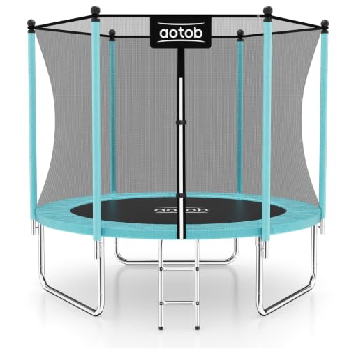 AOTOB 8FT Trampoline with Safety Enclosure NetBlue Outdoor Trampoline with Ladder Heavy Duty Jumping Mat and Spring Cover Padding for Kids