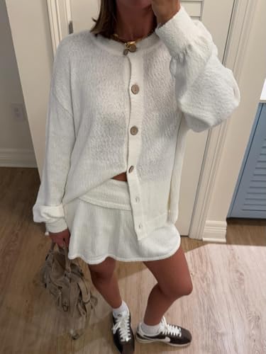 Image of Tankaneo 2 Piece Sweater Sets for Women Long Sleeve Cardigan Outfits Mini Skirts Knit Matching Lounge Set