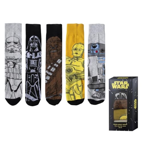 Star Wars Männer Socken 5 Paar Gr. 38-45 verschiedene Designs hochwertige Geschenkverpackung Darth Vader R2D2 lustige Strümpfe Jugendliche
