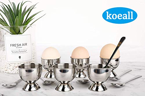 image for koeall Stainless Steel Egg Cups Set for Hard Soft Boiled Eggs with 6 E