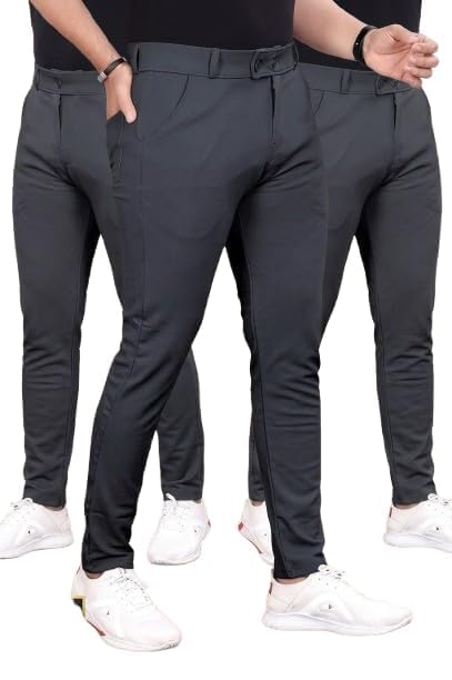 Image of Men Slim Fit Formal Trousers | Stylish Ankle Length Stretchable Office Pants | Men's Comfortable Slim Fit Trousers Combo Pack of 3