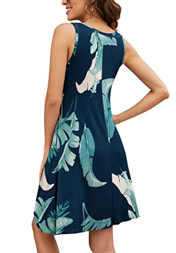 Image of Summer Dresses for Women Beach Floral Tshirt Sundress Sleeveless Pockets Casual Loose Tank Dress Floral Navy Blue Plantain 2XL