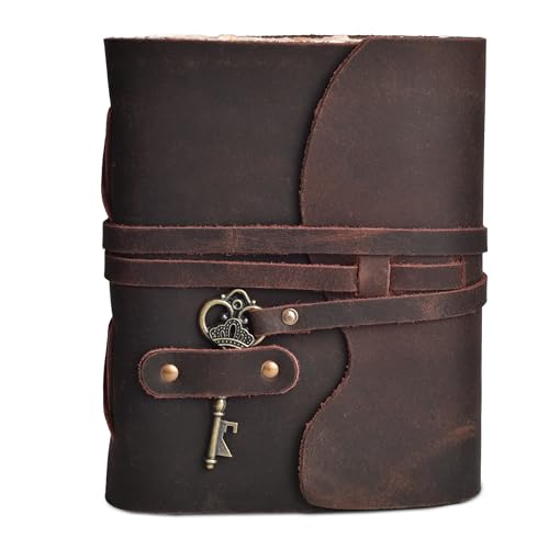 Image of LEATHER VILLAGE Leather Journal Blank Pages Key Lock, Rustic Brown 10x7. | Handmade Deckle Edge paper, 200 Blank Pages ,Book Of Shadows, Sketchbook, Scrapbook, Leather Journal , Chocolate Brown 10x7