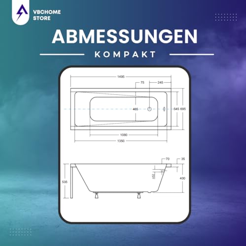 VBChome Badewanne 150x70 cm Acryl SET Schürze Siphon Acrylwanne Wanne Rechteck Weiß Design Modern Wannenfüßen Ablaufgarnitur Chrome