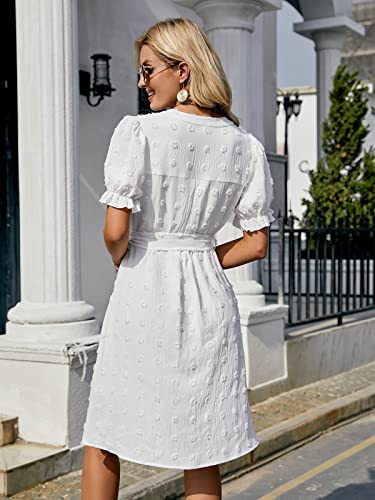 Blooming Jelly Womens Puff Sleeve Summer Dress A-Line Knee Length Flowy Dress Tie Waist Elegant Dresses(Medium,White #TOP5