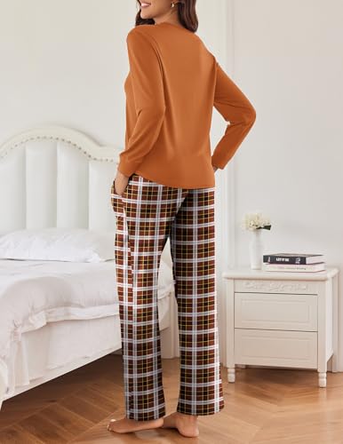 Ekouaer Womens 2 Piece Pajama Set Long Sleeve PJs with Plaid Pants Drawstring Elastic Waist Sleepwear Lounge Set3