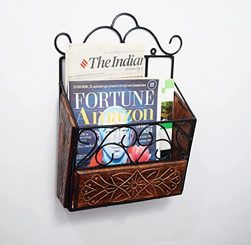 Image of Wood & Wrought Iron Modern Elegance Magazine Newspaper & Book Wall Rack for Home & Office, Black & Natural Finish, 38x28x11 cm