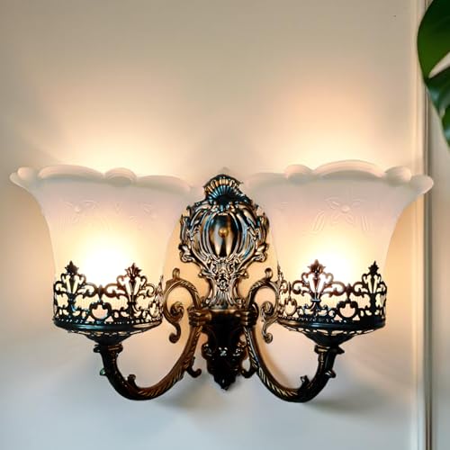 Image of SINOMAN Traditional Wall Light Fixture Decorative Sconce with Glass Shade, Classic Lighting Fixture Perfect for Bedroom, Living Room, Hallway, Corridors,Entryways (Double) (with Bulb)
