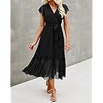 BTFBM Women Summer Bohemian Floral Casual Wrap V Neck Ruffle Cap Sleeveless Belt A-Line Pleated Hem Midi Sun Dress White - Image 4