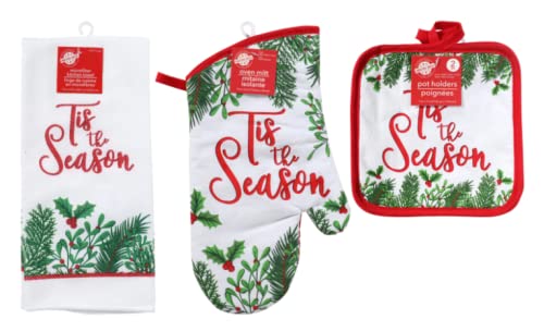 RAPL Tis The Season Kitchen Red Green and White Linen MEGA Bundle (1) Oven Mitt (2) Pot Holders (2) Microfiber Towels