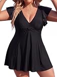 Smismivo Plus Size Swimwear for Women Sleeve One Piece Swim Dress Tummy Control Swimsuit Ruffle Swim Skirt Curvy Swimdress Full Coverage Swimming Costume (Black)