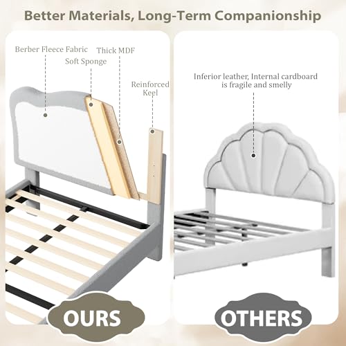 GarveeHome Full Size Bed Frame for Kids, Bed frames with two-tone scalloped headboard, Velvet Twin Bed for Girls, Boys, No Box Spring Needed, Wooden Slats, Noise Free, Sturdy Platform Bed (Grey White)