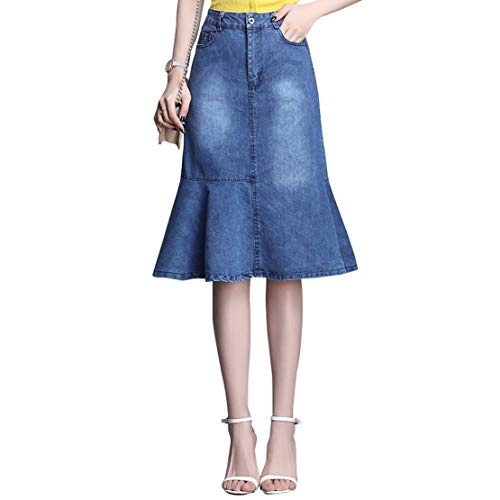 CHARTOU Womens High-Waisted Hip-Packaged Flared Midi Long Denim Jean Mermaid Skirt (Blue, X-Small)