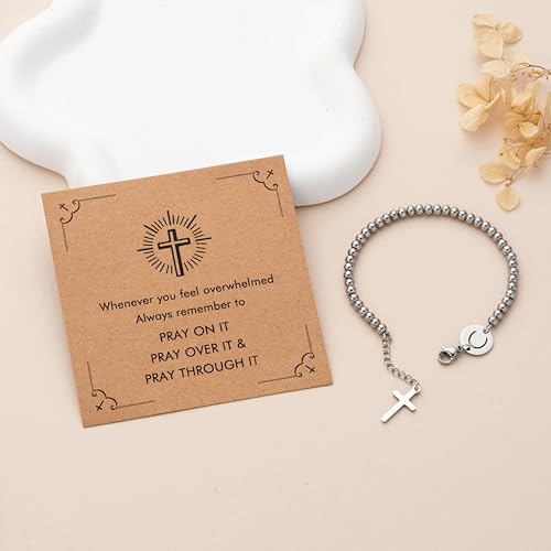Image of Initial Cross Silvery Bracelets for Women Trendy, Initials Cross Charm Beaded Bracelet, Christian Gifts for Women, Baptism Confirmation Christmas Inspirational Gifts for Mom Daughter Friend Sister