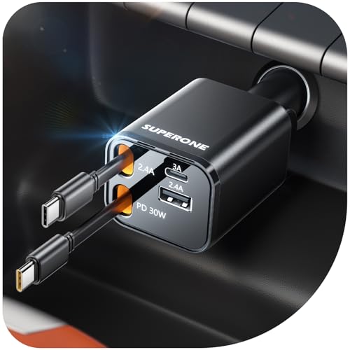 SUPERONE Retractable USB C Car Charger, 4-in-1 Fast Charging with Dual Type C Cable, Car Accessories for iPhone 16/15/14/13/12 Series, iPad, Galaxy, Pixel
