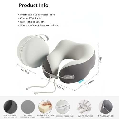 Image of Travel Pillow with Cool Material,Neck Pillow for Traveling 100% Pure Memory Foam,Travel Neck Pillow with Hard Case, Airplane Pillow for Traveling,Travel Essentials (Grey)