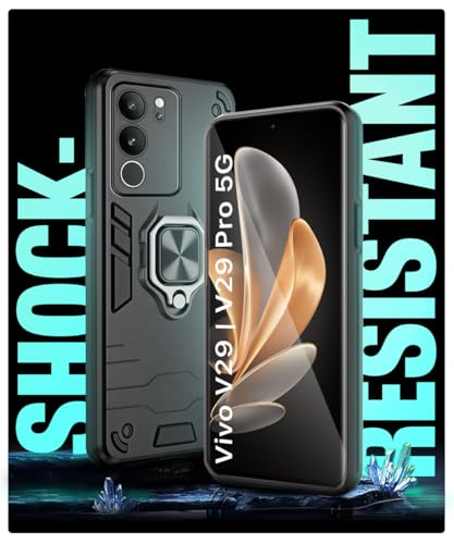 Image of WOW IMAGINE Shock Proof Back Case Mobile Cover for Vivo V29 | V29 Pro 5G (Tough Armor | Hybrid PC + TPU | Full Protection with Ring Holder & in-Built Kickstand | Black)