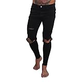 Qmber Jeans Herren Slim fit Schwarze Skinny Destroyed Hose Herren Jeans Destroyed Sommer Hosen Herren Jogger Jeans mit löchern schwarz Stretch - Herren Jeans Zip Streetwear Hosen (S, A)