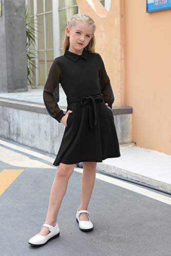 GORLYA Mesh Long Sleeve Girl's Collar Casual Vintage A-line Party Belted Dress with Pockets for 4-14T4