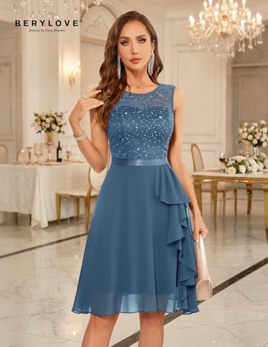 Image of BeryLove Womens Boat Neck A Line Sleeveless Lace Formal Homecoming Dress | Short Dress With Ruffle Hem, Sparkly Design Ideal For Wedding Guest,Bridesmaid Cocktail Prom & Evening Party Events