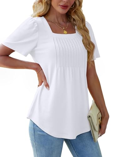 OFEEFAN T Shirts for Women Pleated Square Neck Dressy Casual Blouses Puff Short Sleeve Summer Tops Loose Fit4