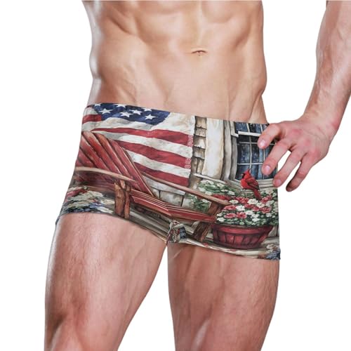 July 4th American Flag Flowers Chair Mens Swim Trunk Swimwear Swim Brief Square Leg Board Short S S04073103