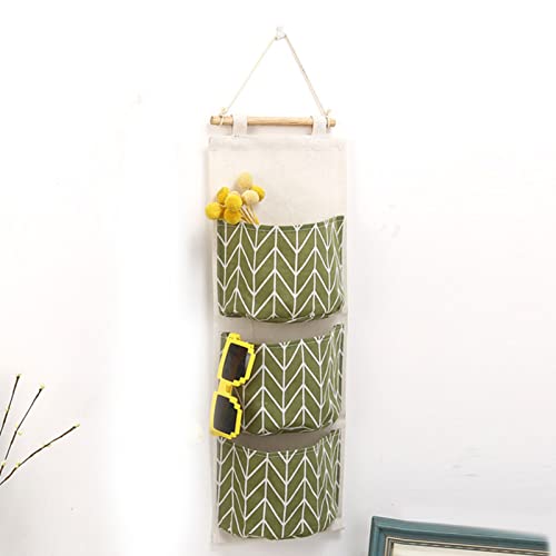 YUMILI Bolsa de Almacenamiento Colgante, 3 Bolsillos de Lino de algodón para Colgar en la Pared, Bolsa de Bolsillo para Colgar en la Puerta, Organizador de Dormitorio, hogar, Oficina (Verde)
